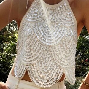 12th Tribe Cleo White Sequin Halter Top